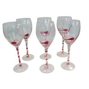 Vintage Pier 1 Lot of 6 Swirline Clear/ Red Hand Blown Wine Goblets 62626-1Box7